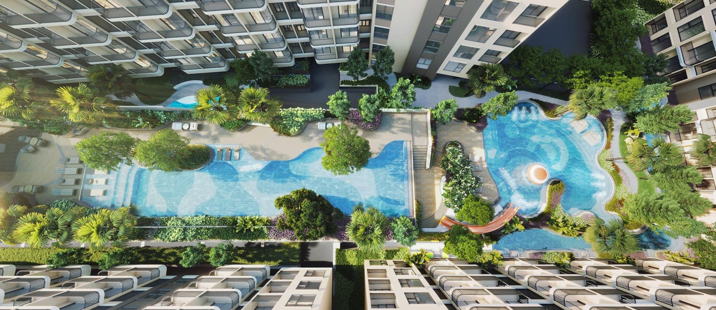 Aerial view of the pool courtyard